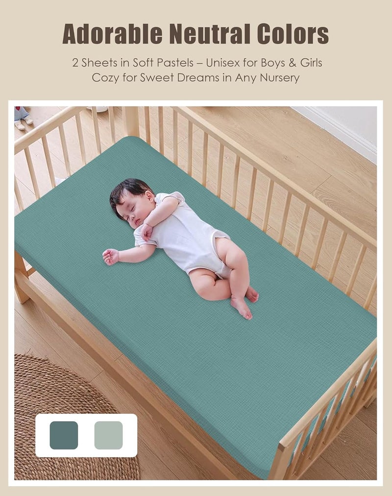 SWEET DOLPHIN 2-Pack Muslin Crib Sheets for Boys & Girls, Ultra Soft Breathable 40S Long-Staple Cotton Fitted Baby Sheets for Standard Crib Mattress 52"x28", Light Teal- Nursery Essentials - Image 4
